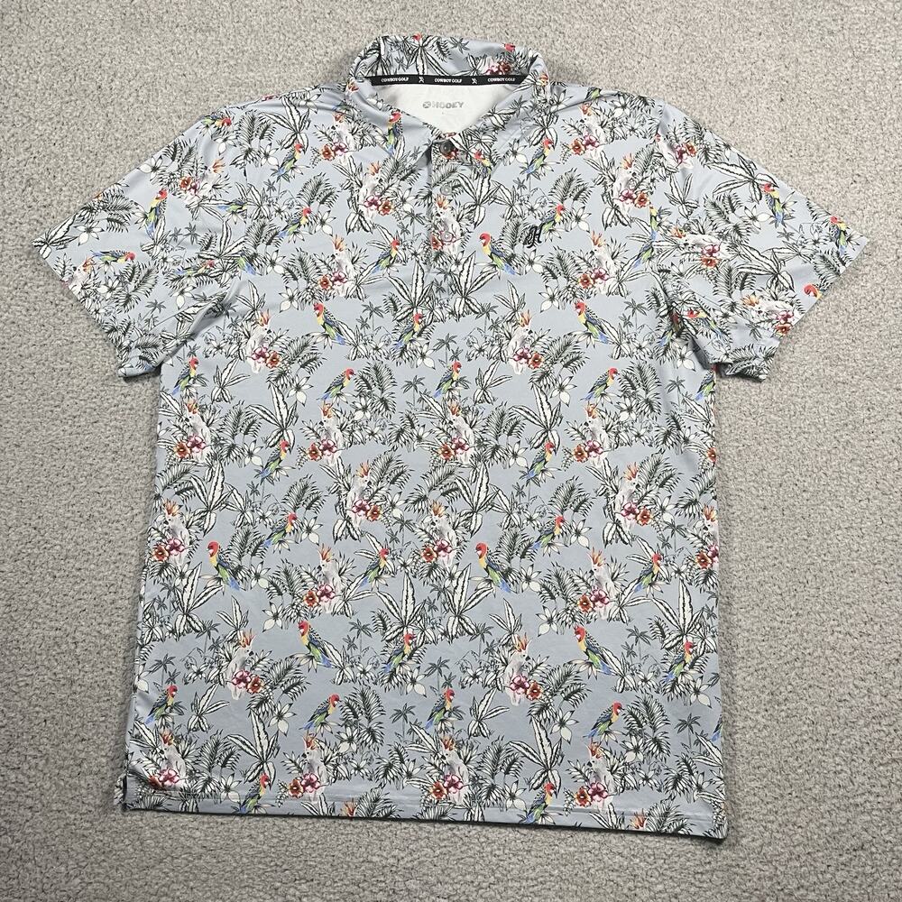 Hooey Polo Shirt Mens L Floral Bird Print Cowboy Golf Performance Stretch AOP